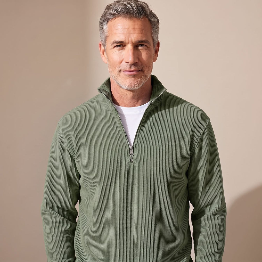 Heren Geribbelde Quarter-Zip Trui met Rits Relaxed Fit - Legergroen