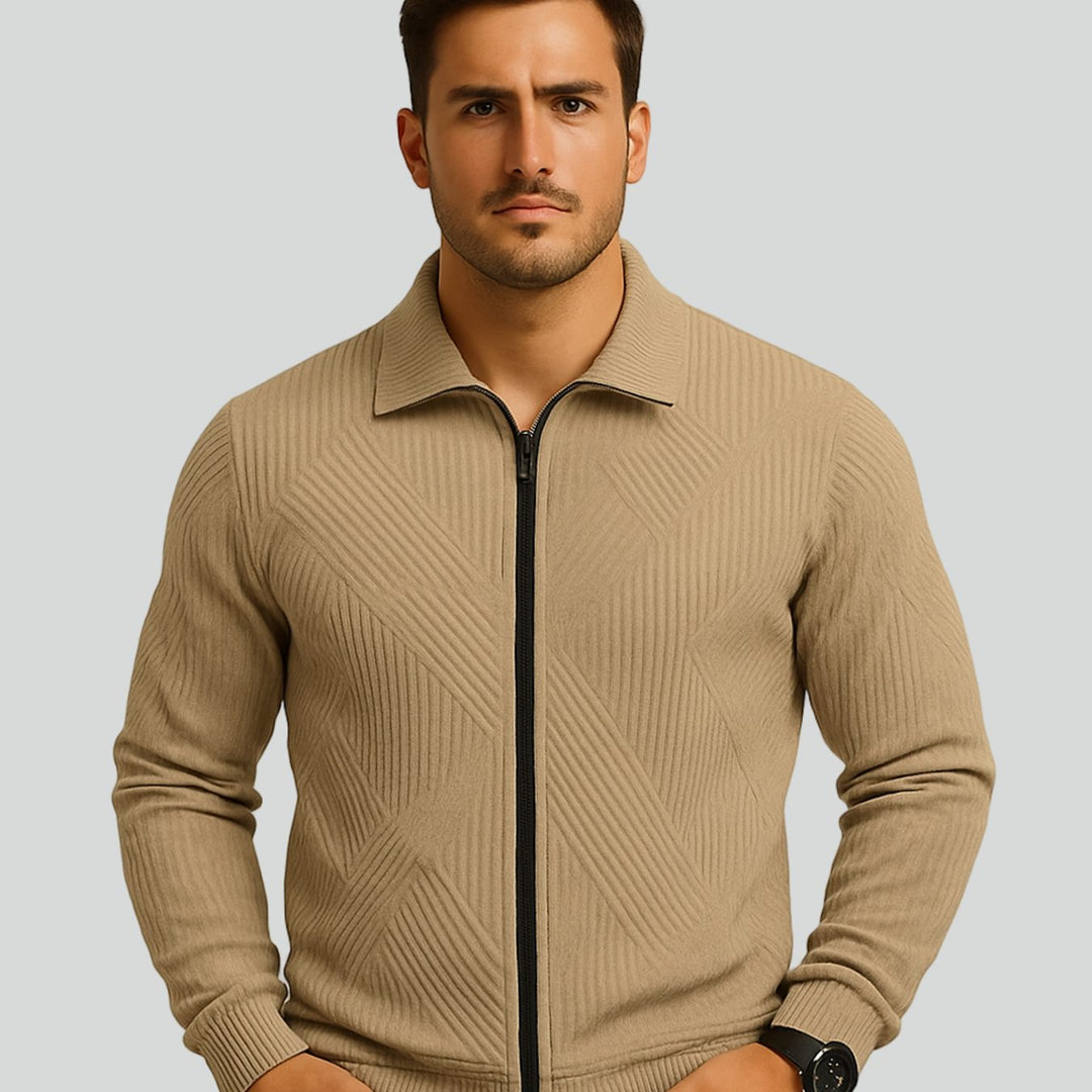 Heren Geribde Volledige Rits Vest Trui Regular Fit - Khaki
