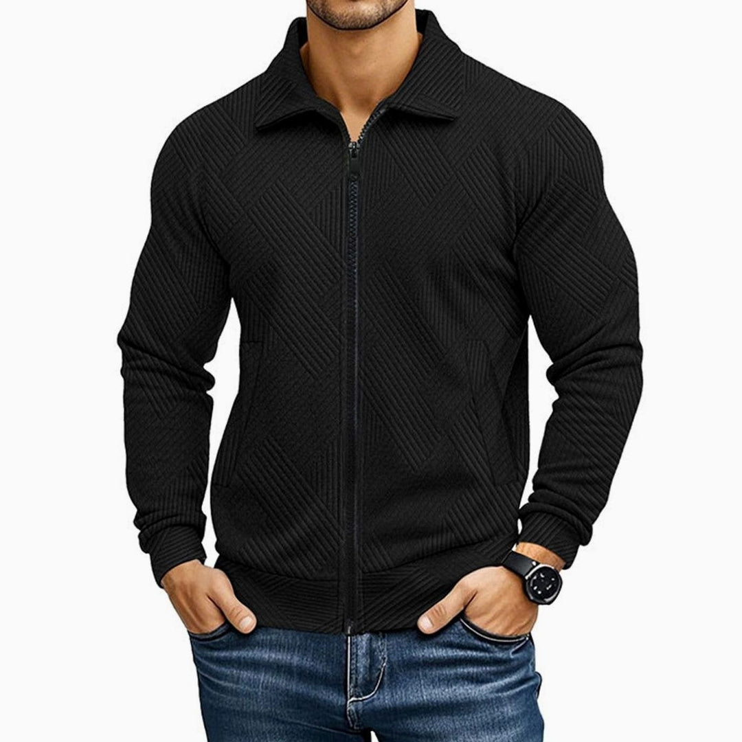 Heren Geribde Volledige Rits Vest Trui Regular Fit - Zwart