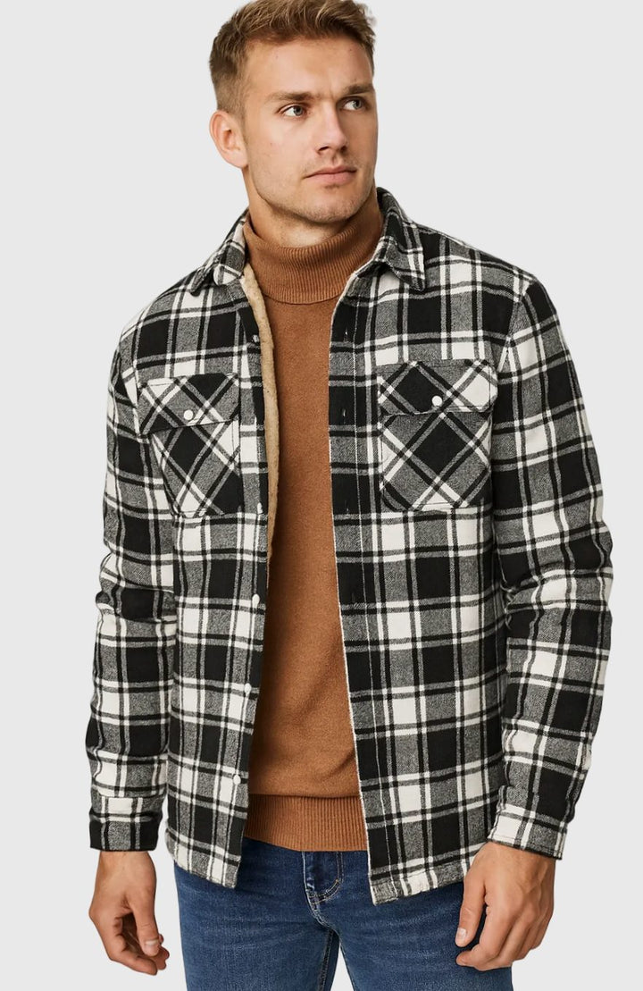 Heren Geruit Fleece-Gevoerd Shirtjac Regular Fit - Zwart