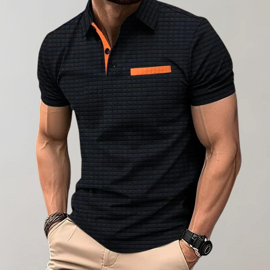 Heren Getextureerd Poloshirt met Borstzakje en Knopen - Zwart