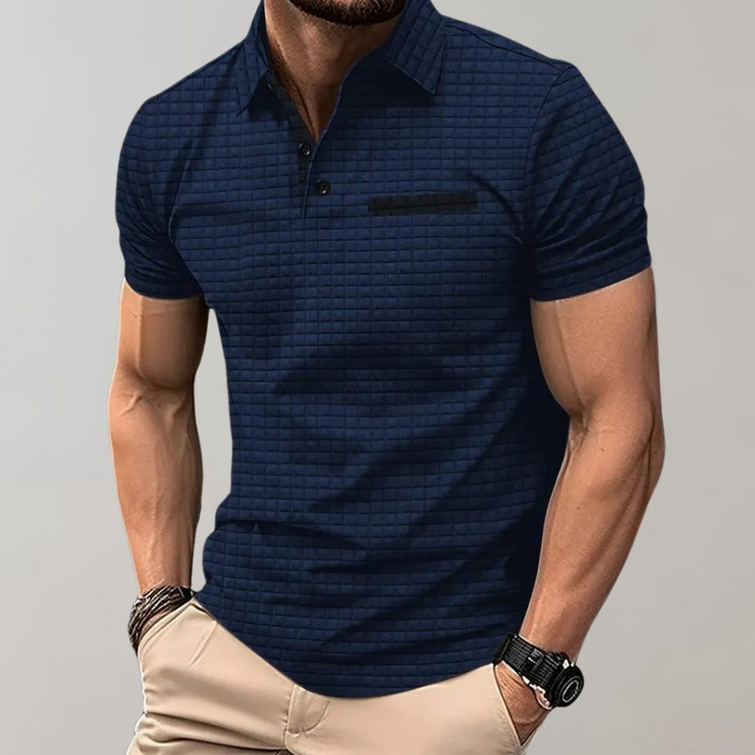 Heren Getextureerd Poloshirt met Borstzakje en Knopen - Marineblauw