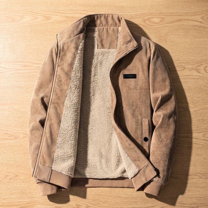 Heren Gevoerde Corduroy Winterjas Retro Staande Kraag - Beige