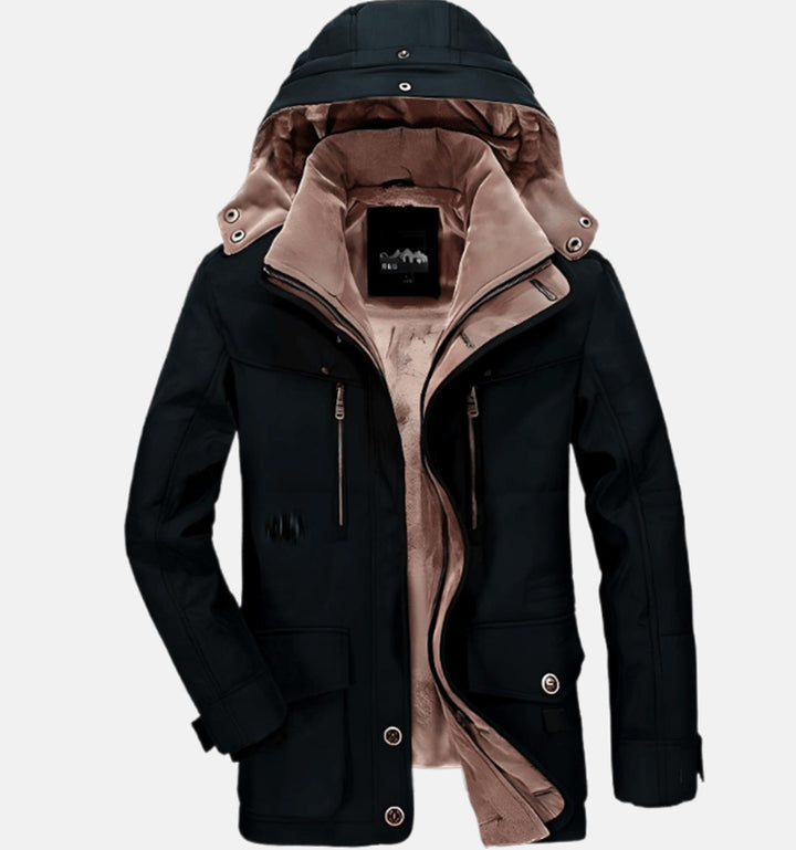 Heren Gevoerde Winterjas met Afneembare Capuchon en Fleece Voering - Zwart