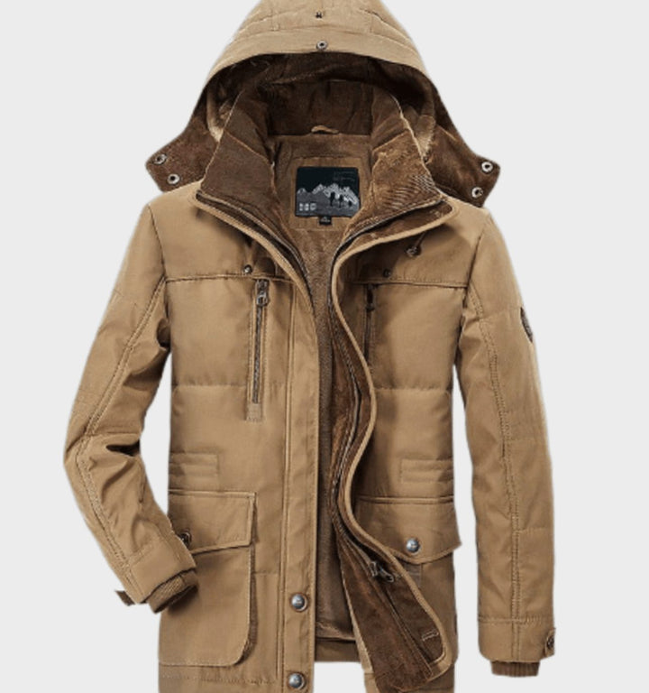 Heren Gevoerde Winterjas met Afneembare Capuchon en Fleece Voering - Khaki