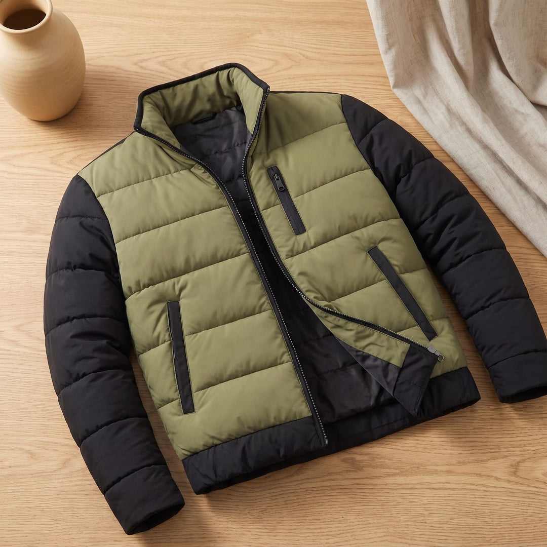 Heren Gewatteerde Colorblock Winterjas Rits Staande Kraag