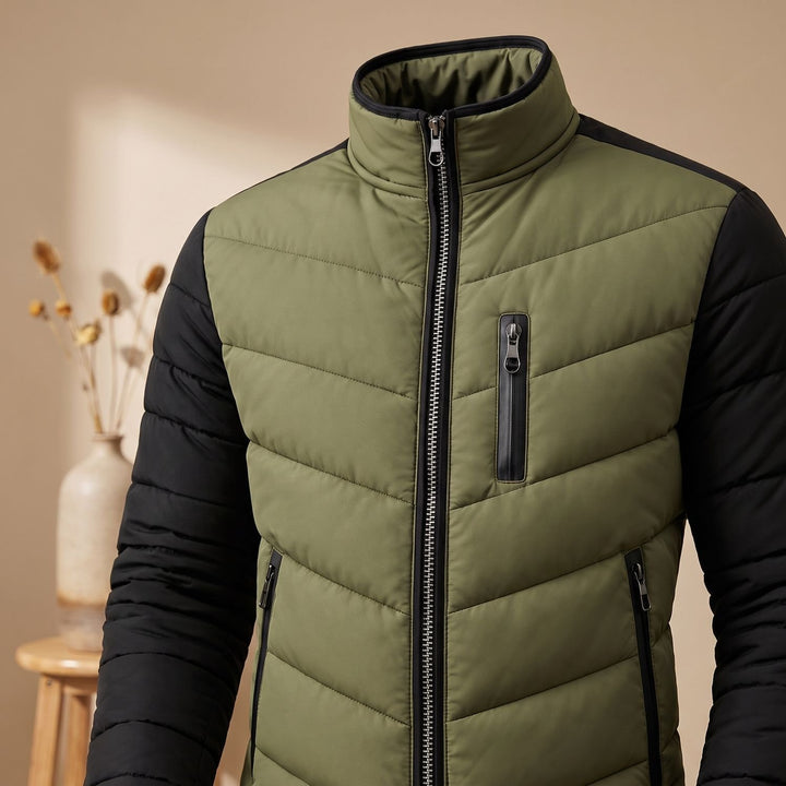 Heren Gewatteerde Colorblock Winterjas Rits Staande Kraag