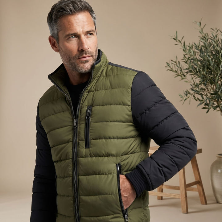 Heren Gewatteerde Colorblock Winterjas Rits Staande Kraag