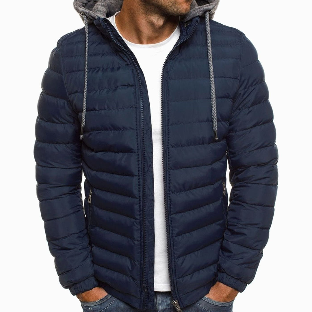 Heren Gewatteerde Donsjack met Capuchon Slim-Fit Ritsluiting - Marineblauw