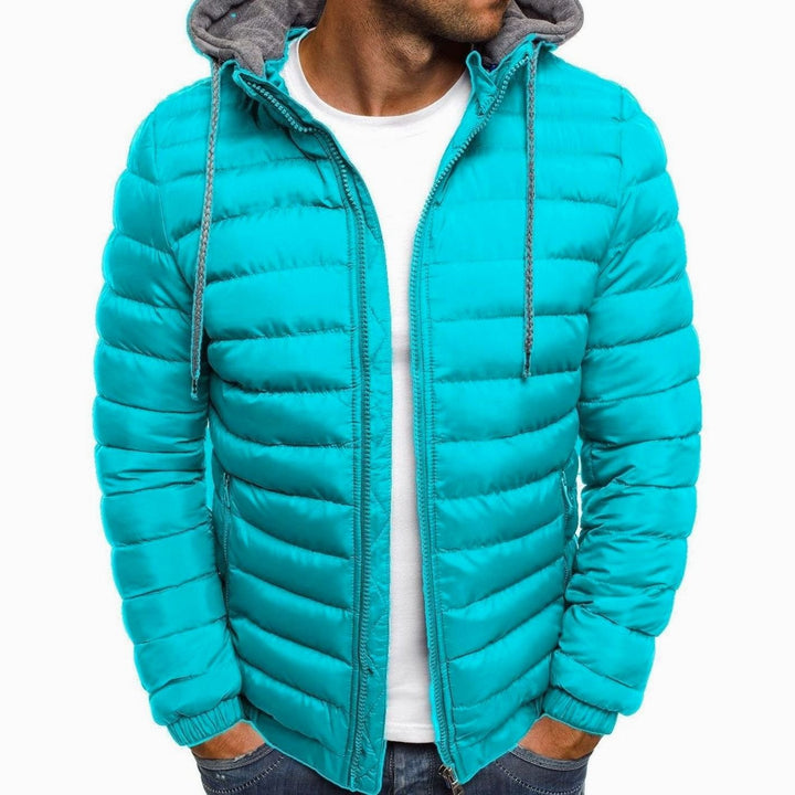 Heren Gewatteerde Donsjack met Capuchon Slim-Fit Ritsluiting - Meerblauw