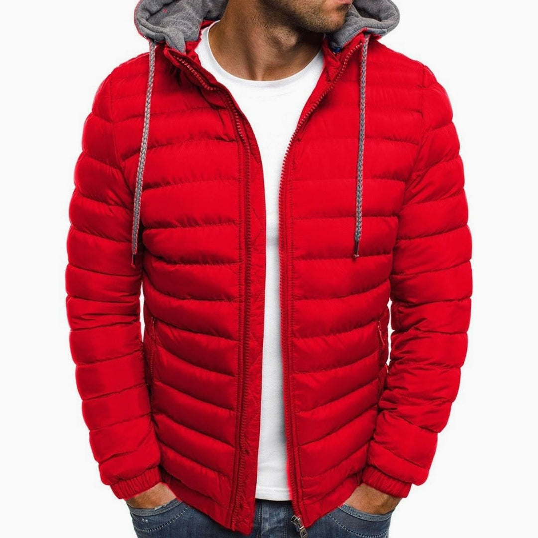 Heren Gewatteerde Donsjack met Capuchon Slim-Fit Ritsluiting - Rood