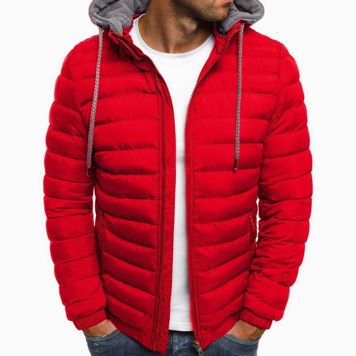 Heren Gewatteerde Donsjack met Capuchon Slim-Fit Ritsluiting - Rood