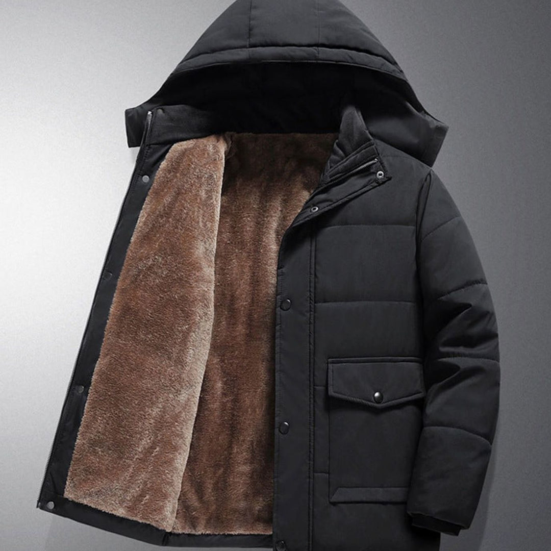 Heren Gewatteerde Parka met Fleece Voering Afneembare Capuchon - Zwart