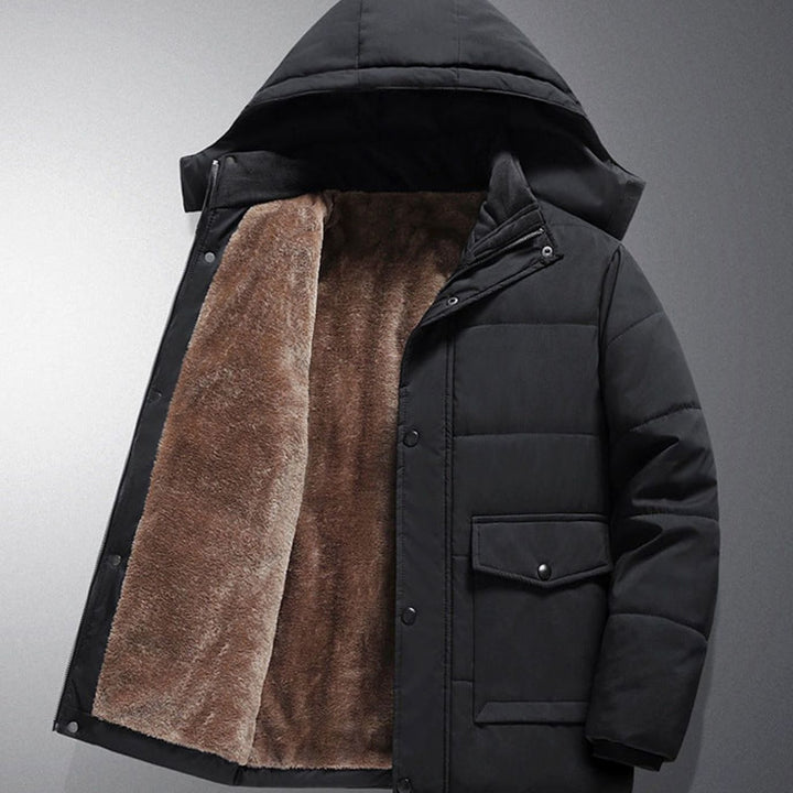 Heren Gewatteerde Parka met Fleece Voering Afneembare Capuchon - Zwart