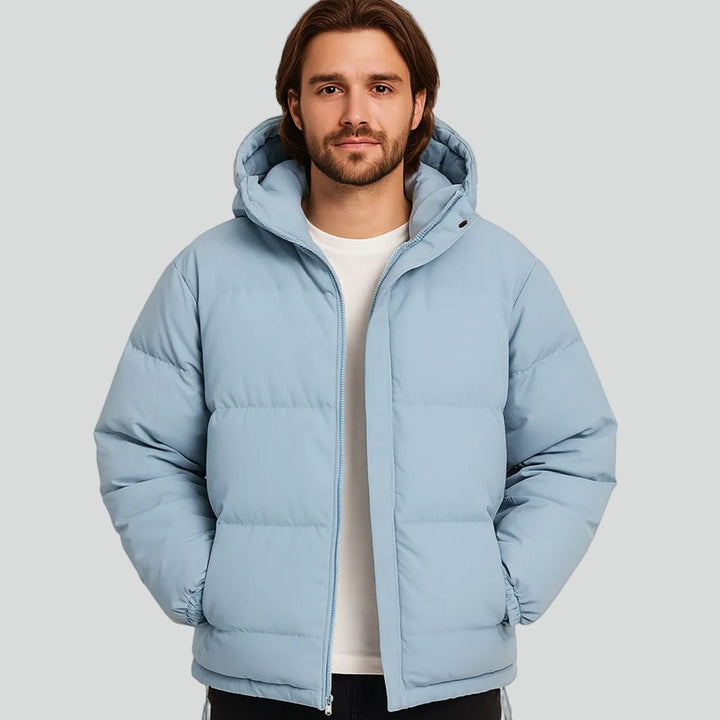 Heren Gewatteerde Puffer Winterjas met Capuchon en Ritssluiting - Lichtblauw