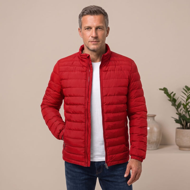 Heren Gewatteerde Puffer Winterjas met Ritssluiting Staande Kraag - Rood