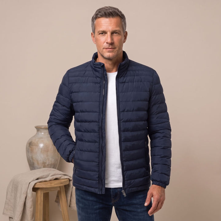 Heren Gewatteerde Puffer Winterjas met Ritssluiting Staande Kraag - Marineblauw