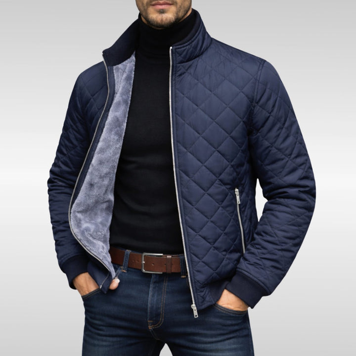 Heren Gewatteerde Winterjas met Zachte Fleece Voering Staande Kraag - Marineblauw