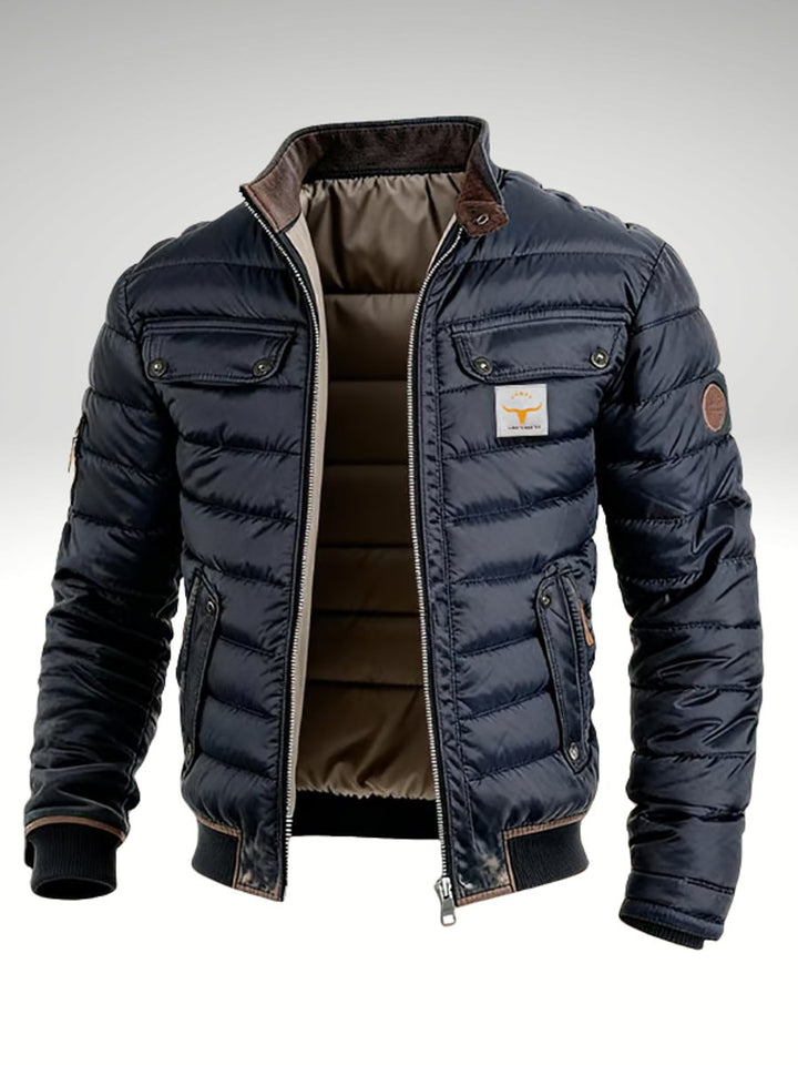 Heren Gewatteerde Winterjas Slim-Fit Bomber met Staande Kraag - Marineblauw