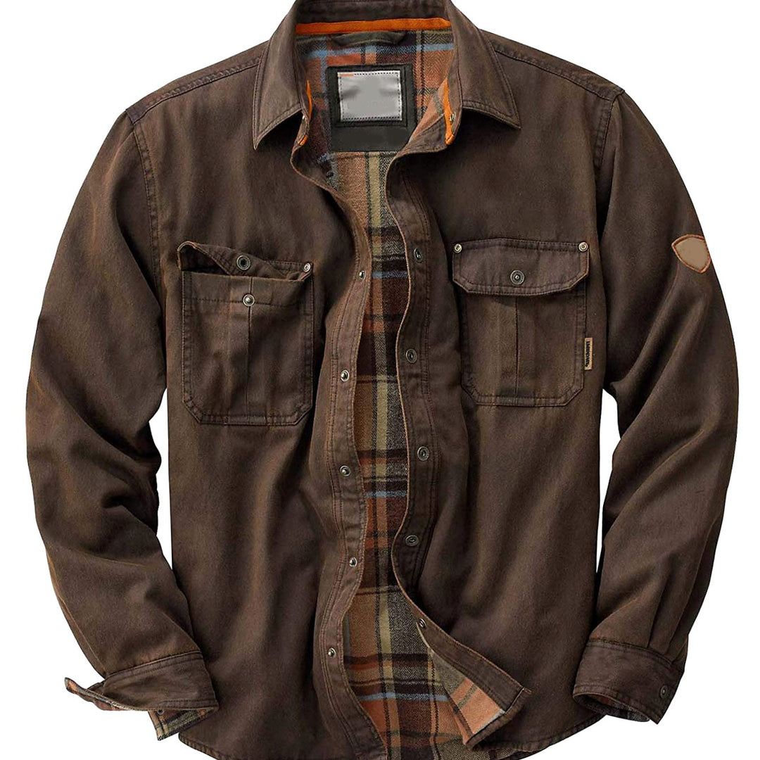Heren Gewaxte Flannel-Gevoerde Trucker Jacket Allseizoen - Koffiebruin