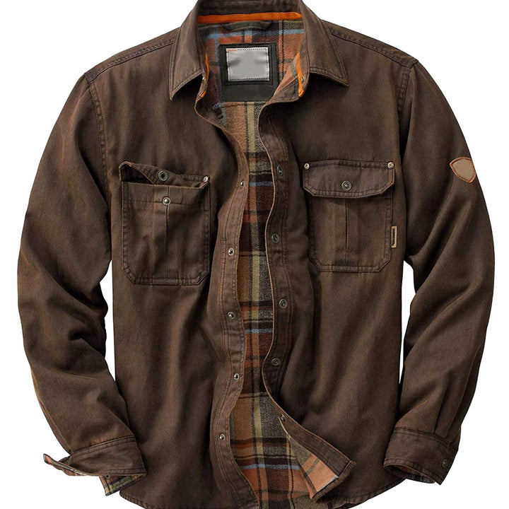Heren Gewaxte Flannel-Gevoerde Trucker Jacket Allseizoen - Koffiebruin