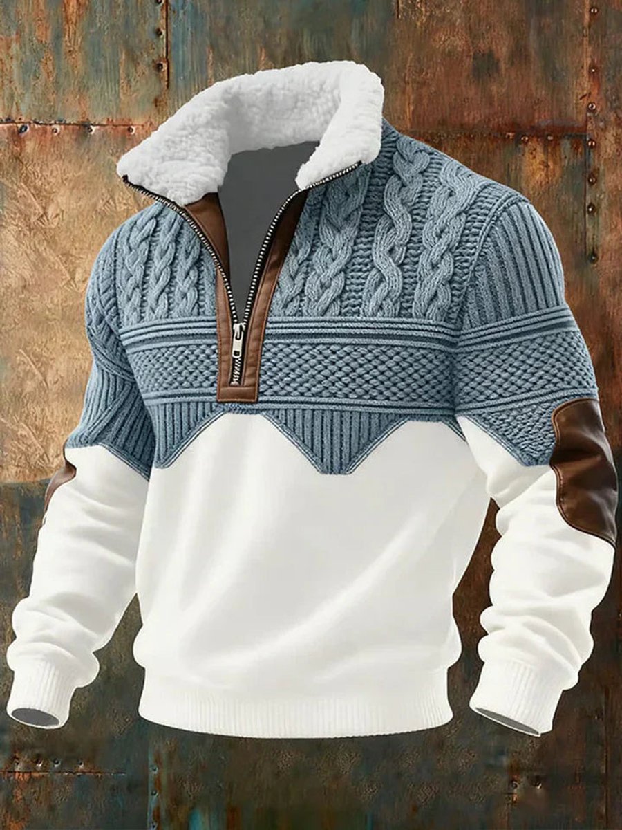 Heren Grofgebreide Halfzip Fleecekraag Kleurblok Knit Sweater