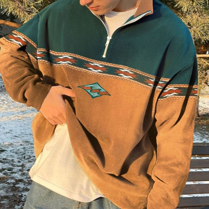 Heren Half-Zip Fleece Trui met Aztec Borduursel en Staande Kraag - Geel