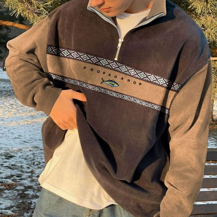 Heren Half-Zip Fleece Trui met Aztec Borduursel en Staande Kraag - Bruin
