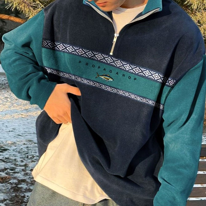 Heren Half-Zip Fleece Trui met Aztec Borduursel en Staande Kraag - Blauw