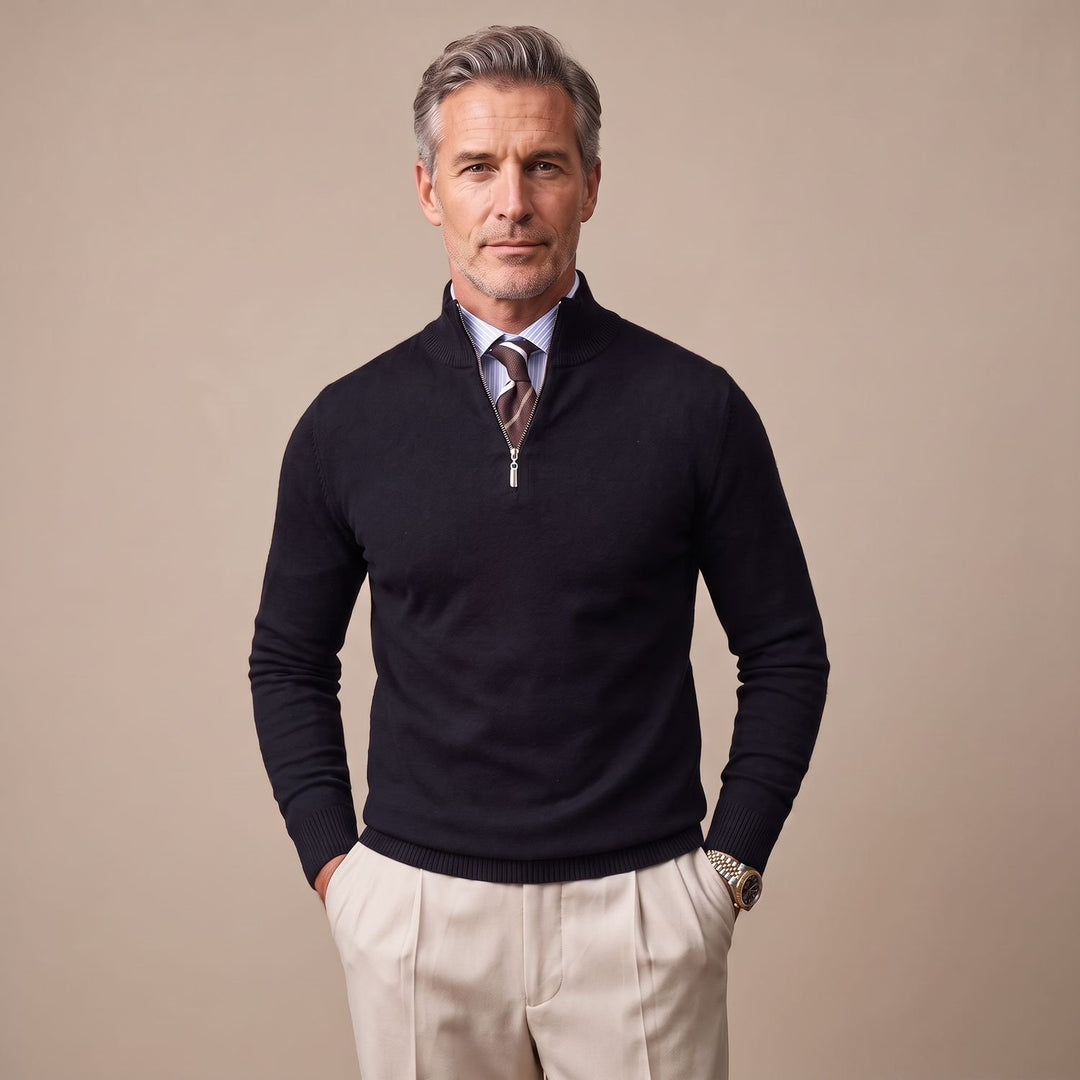 Heren Half-Zip Wollen Pullover met Rits - Zwart