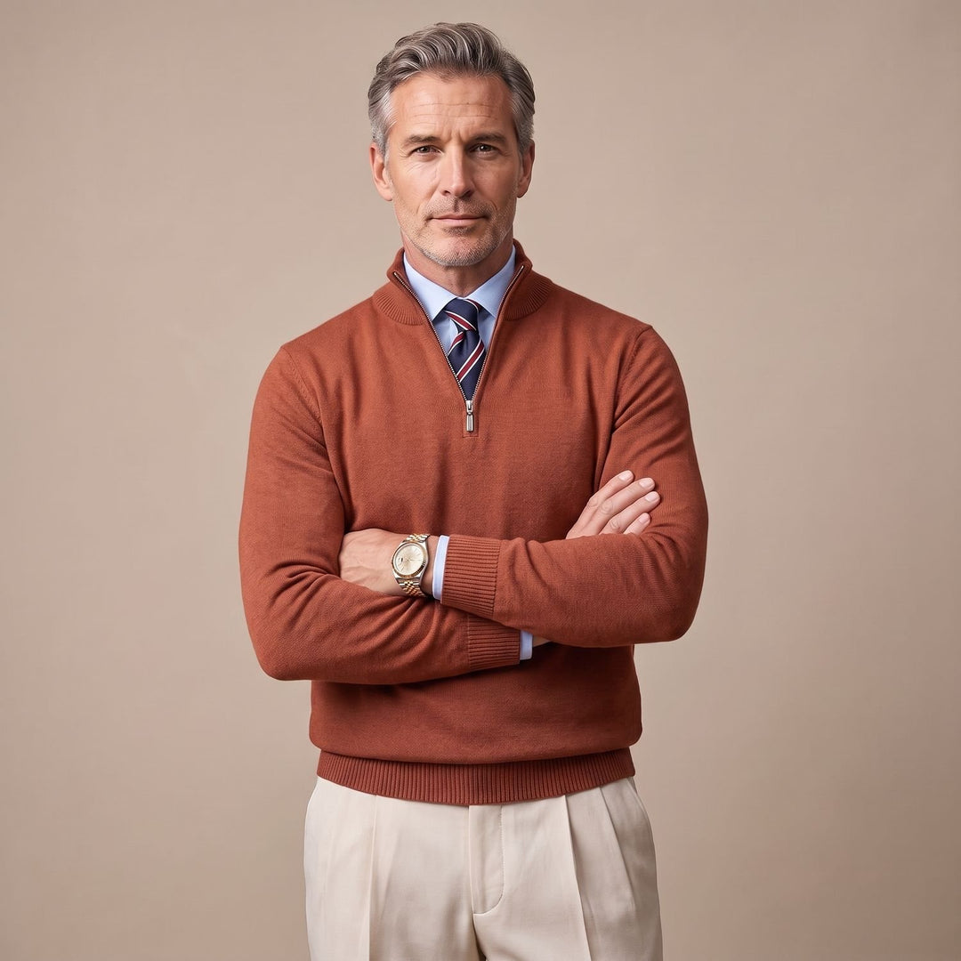 Heren Half-Zip Wollen Pullover met Rits - Bruin