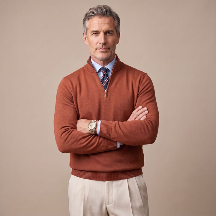 Heren Half-Zip Wollen Pullover met Rits - Bruin