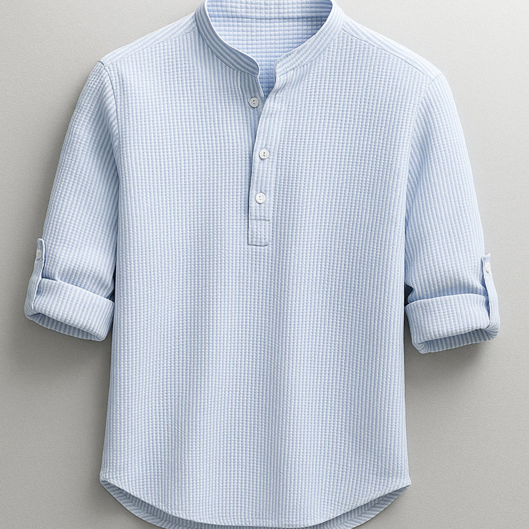 Heren Henley Shirt Oprolbare Mouwen Staande Kraag Regular Fit, Light Blue - Blauw