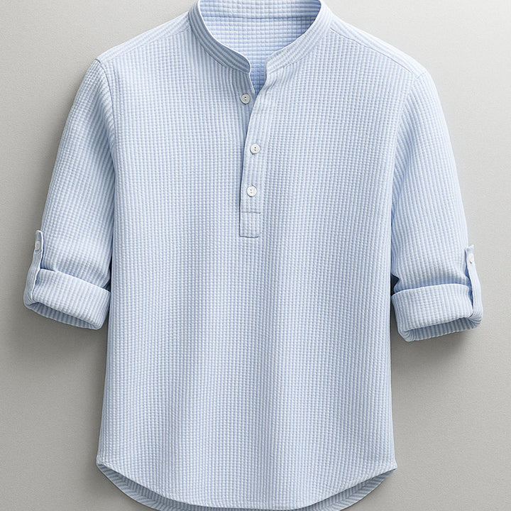 Heren Henley Shirt Oprolbare Mouwen Staande Kraag Regular Fit, Light Blue - Blauw