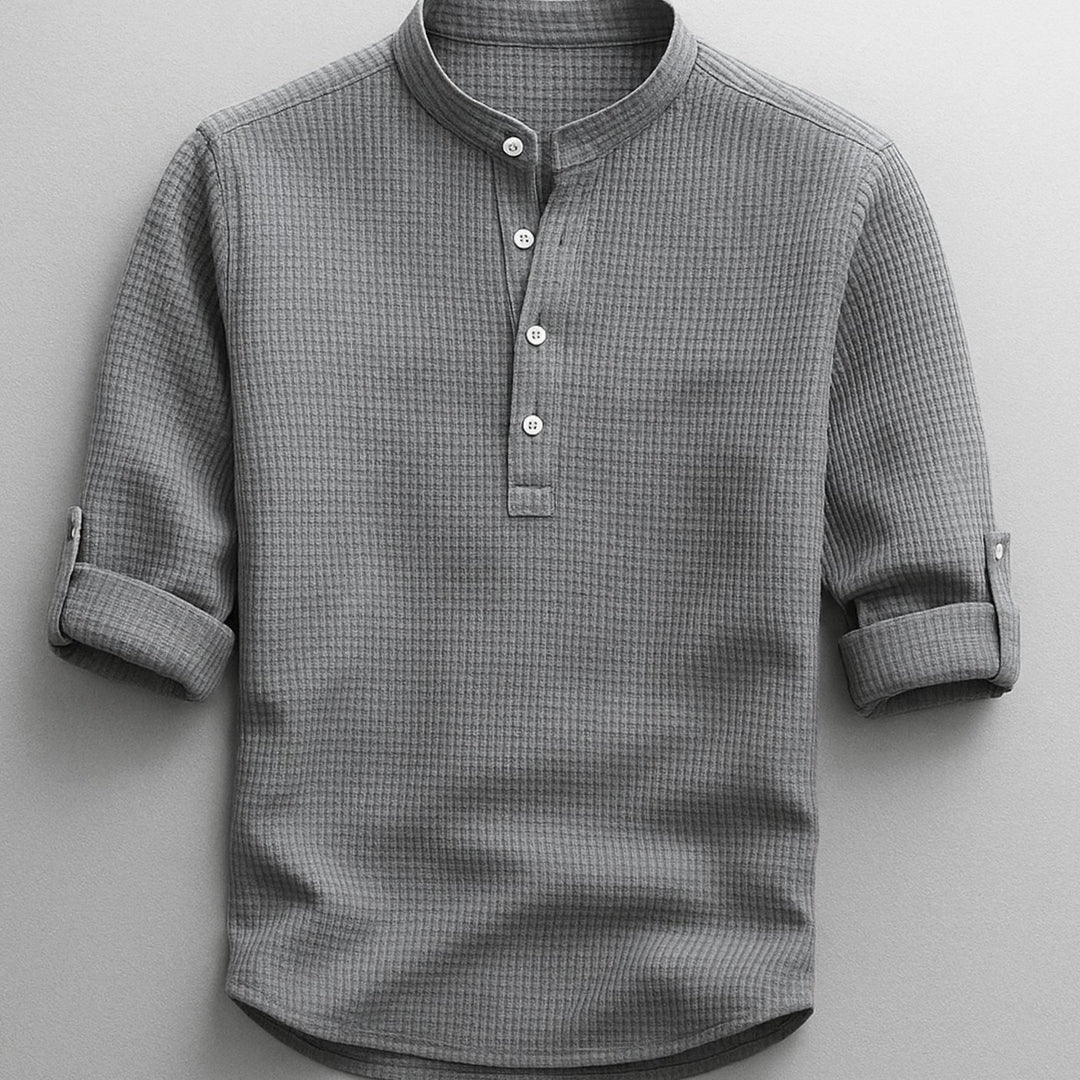 Heren Henley Shirt Oprolbare Mouwen Staande Kraag Regular Fit, Light Blue - Grijs