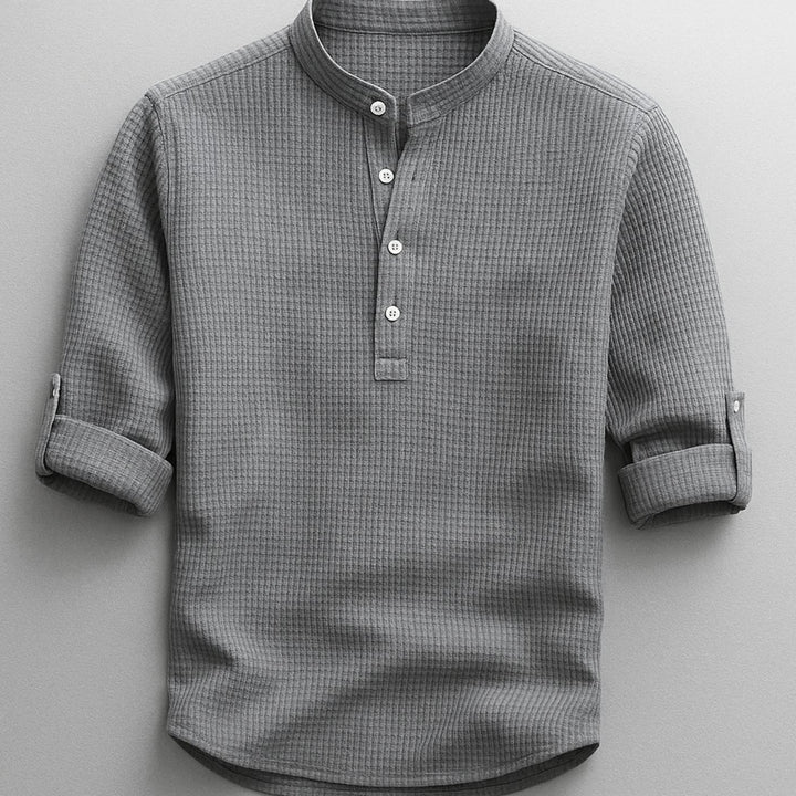 Heren Henley Shirt Oprolbare Mouwen Staande Kraag Regular Fit, Light Blue - Grijs