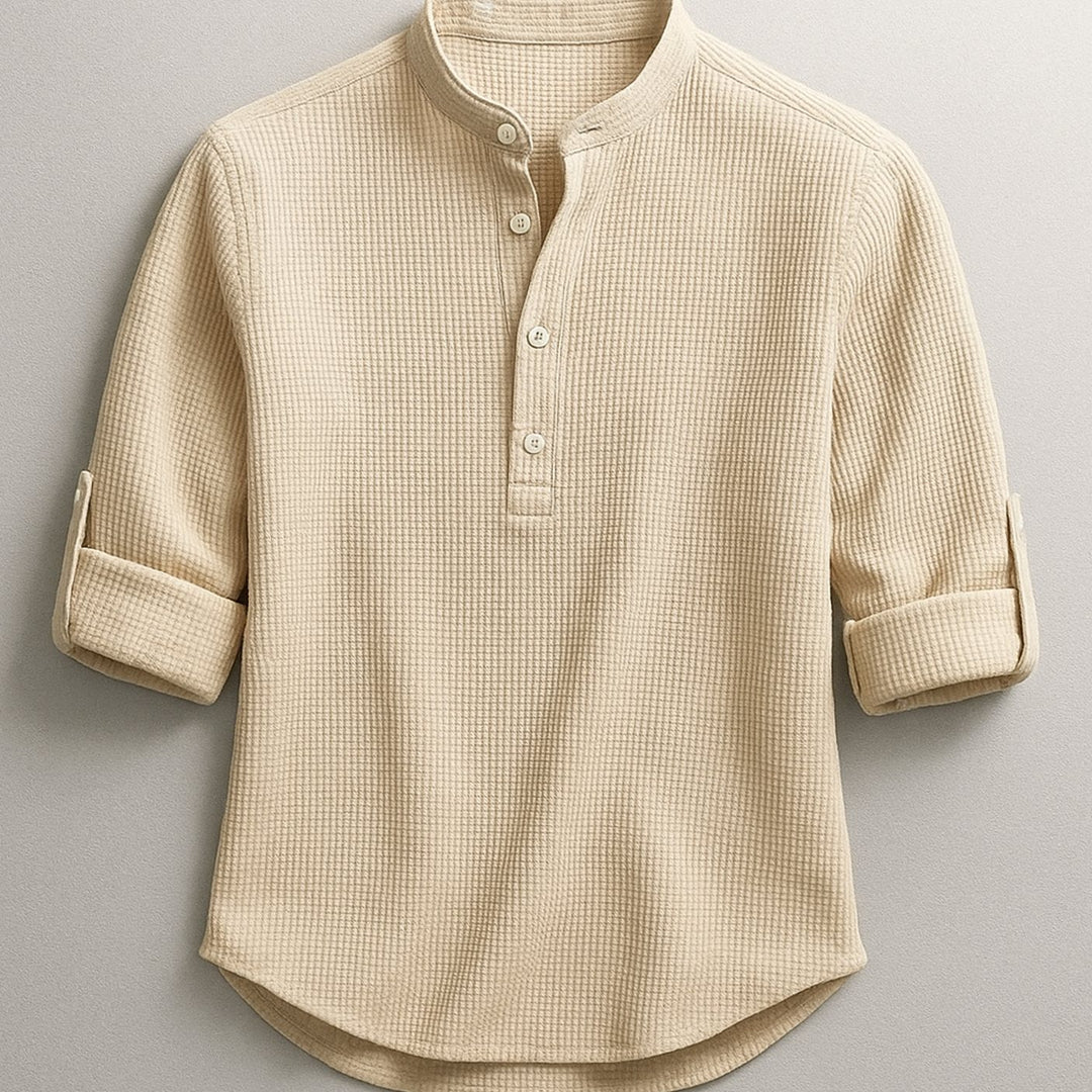 Heren Henley Shirt Oprolbare Mouwen Staande Kraag Regular Fit, Light Blue - Khaki