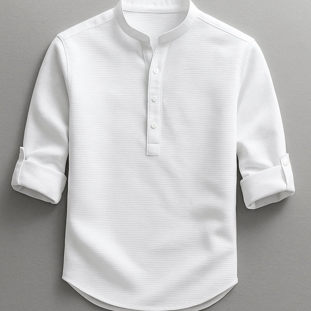 Heren Henley Shirt Oprolbare Mouwen Staande Kraag Regular Fit, Light Blue - Wit