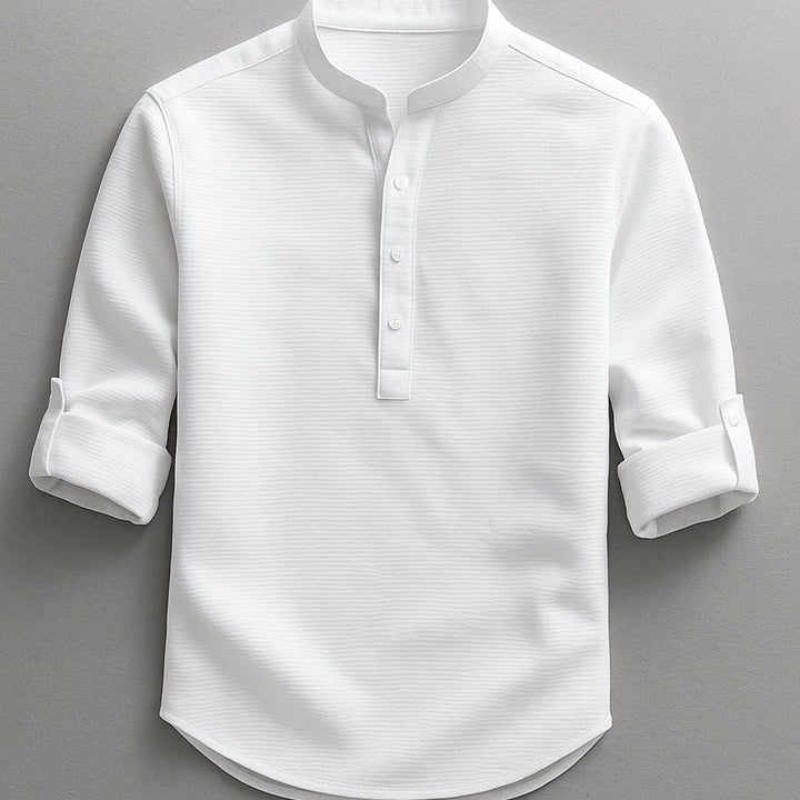 Heren Henley Shirt Oprolbare Mouwen Staande Kraag Regular Fit, Light Blue - Wit
