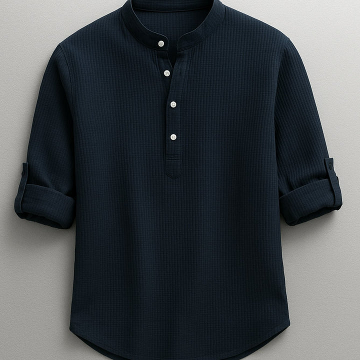 Heren Henley Shirt Oprolbare Mouwen Staande Kraag Regular Fit, Light Blue - Donkerblauw