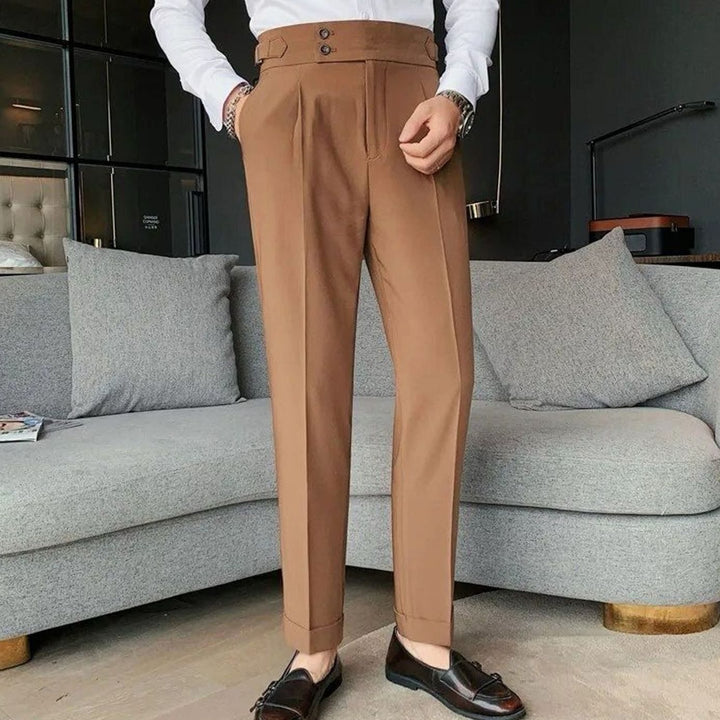 Heren Hoge Taille Geplooide Pantalon met Omgeslagen Zoom