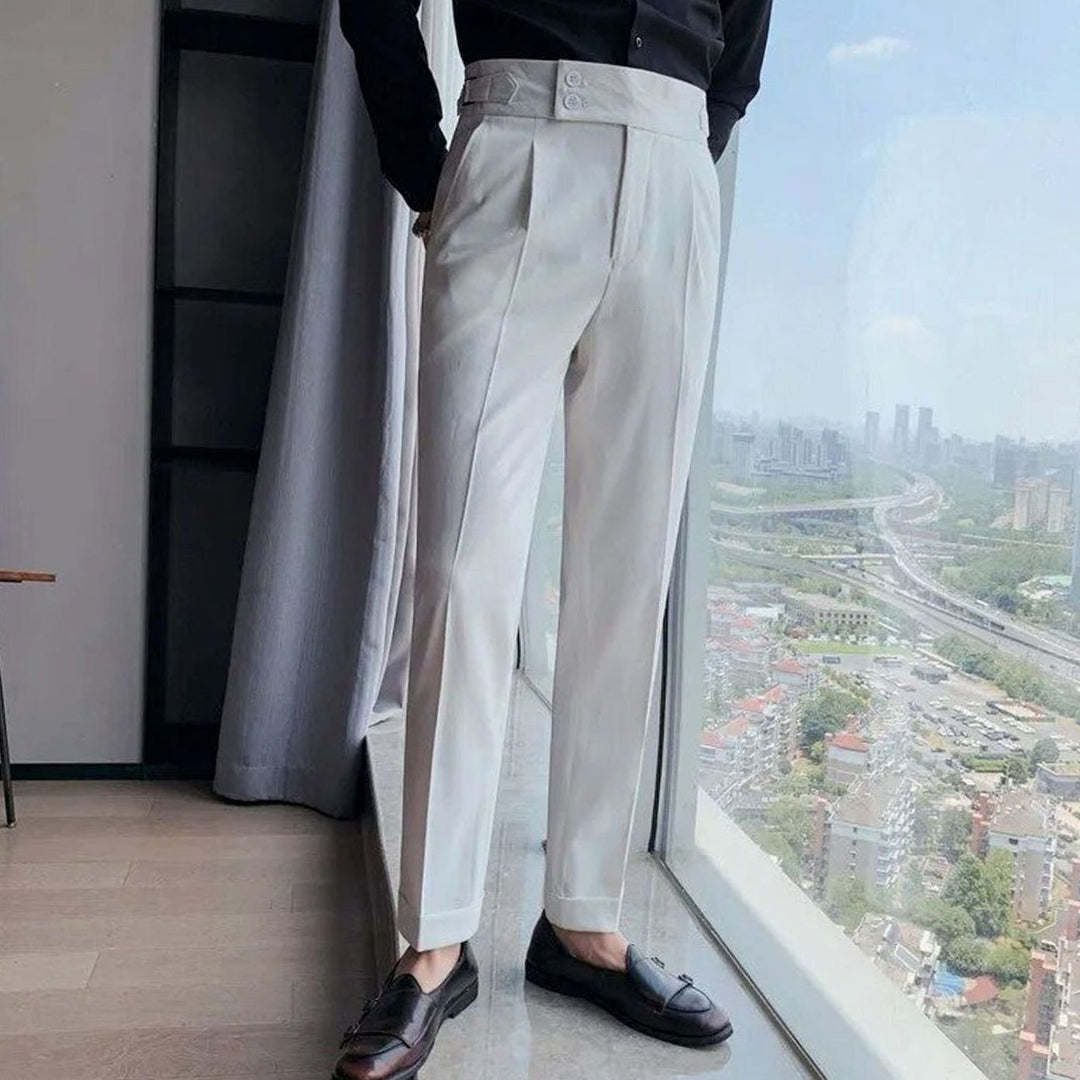 Heren Hoge Taille Geplooide Pantalon met Omgeslagen Zoom