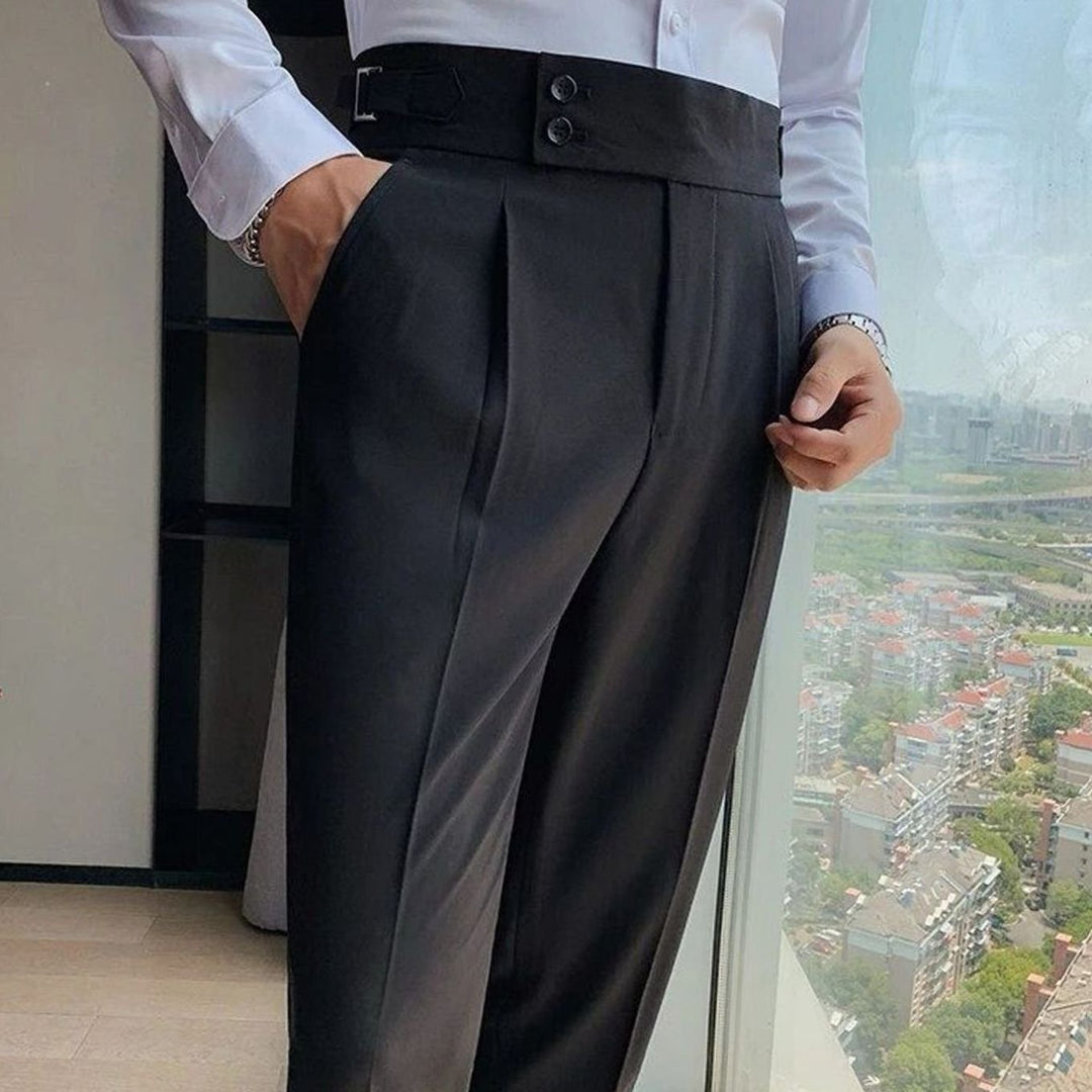 Heren Hoge Taille Geplooide Pantalon met Omgeslagen Zoom - Zwart