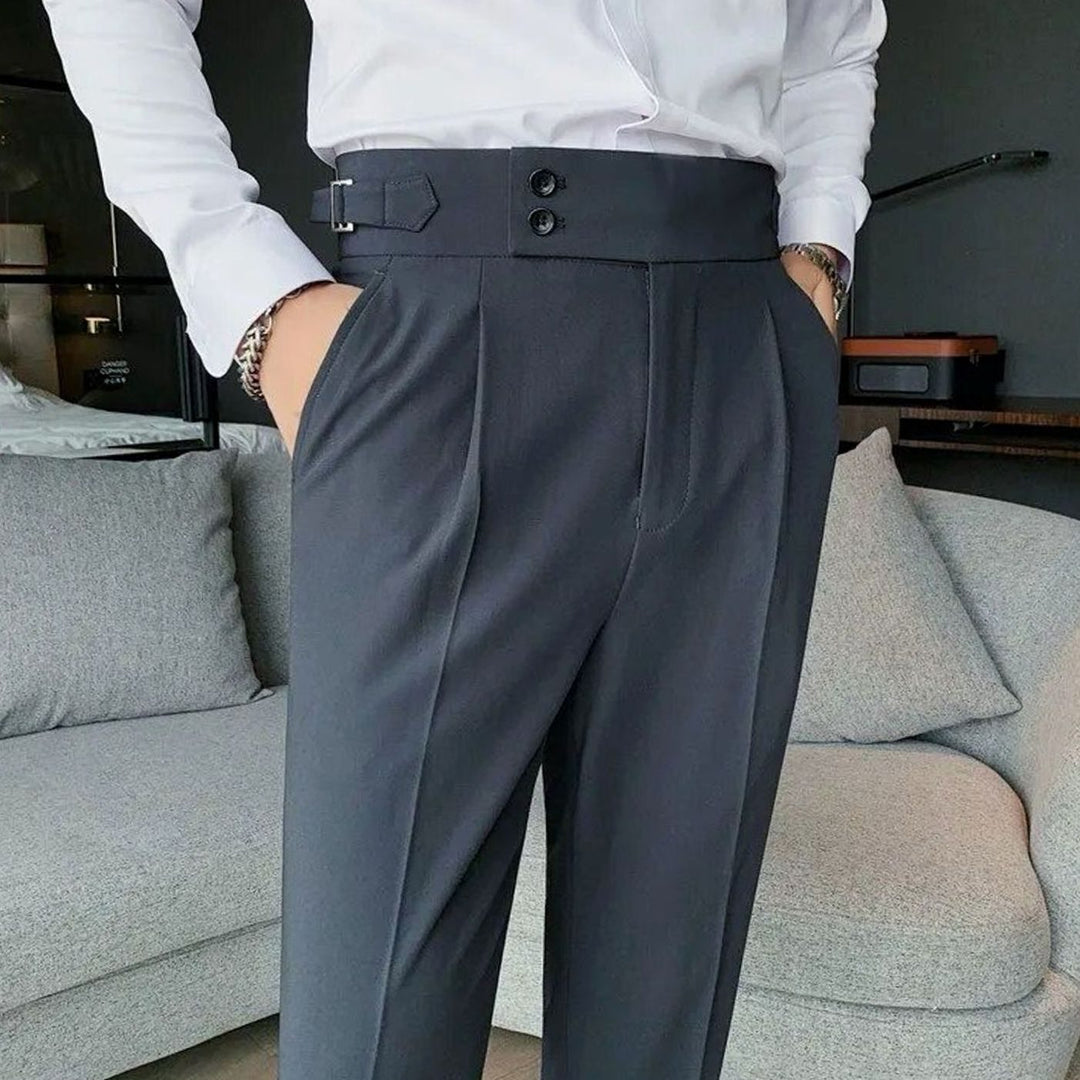 Heren Hoge Taille Geplooide Pantalon met Omgeslagen Zoom - Grijs