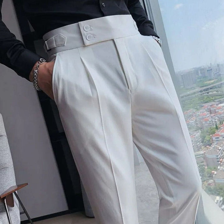 Heren Hoge Taille Geplooide Pantalon met Omgeslagen Zoom - Wit