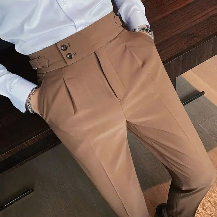 Heren Hoge Taille Geplooide Pantalon met Omgeslagen Zoom - Khaki