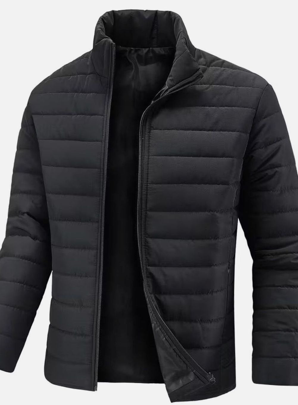 Heren jas gewatteerde slim fit stehkraag ritssluiting - Zwart
