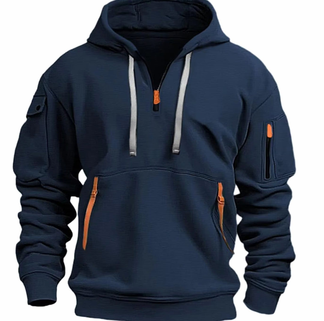 Heren jas hoodie met rits zakken en mouwzak sportief - Donkerblauw