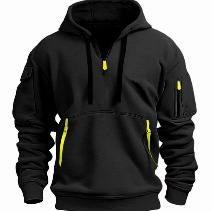 Heren jas hoodie met rits zakken en mouwzak sportief - Zwart