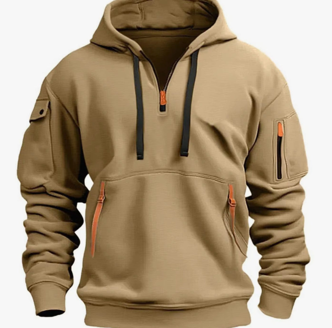 Heren jas hoodie met rits zakken en mouwzak sportief - Khaki